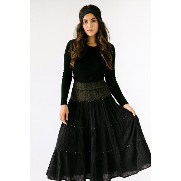 VTG 90s Whimsigoth Boho Black Maxi Skirt Gold Peasant Cotton Hippie Festival XL - Picture 1 of 7